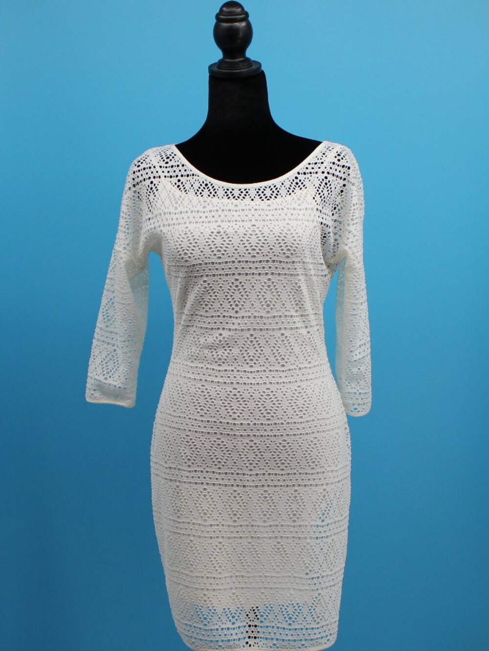 Express White Lace Crochet Sheath Dress 3/4 Sleeve Bodycon Size Small Petite EXC
